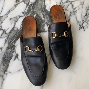 Gucci Black Leather Horsebit Mule Flats with Gold Hardware
